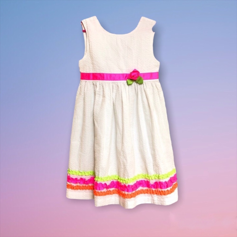 Girls Sundress White Neon Ribbon ruffled Cotton Dress Spring Summer 6x Light